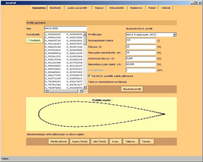 Laskelmia. Melkein oma profiili sovellettu NACA0020sta.